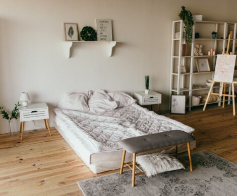 White Wooden Shelf Beside Bed