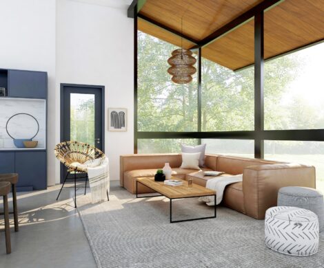 living room with brown sofa and glass window