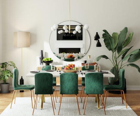 green and white wooden dining table and chairs